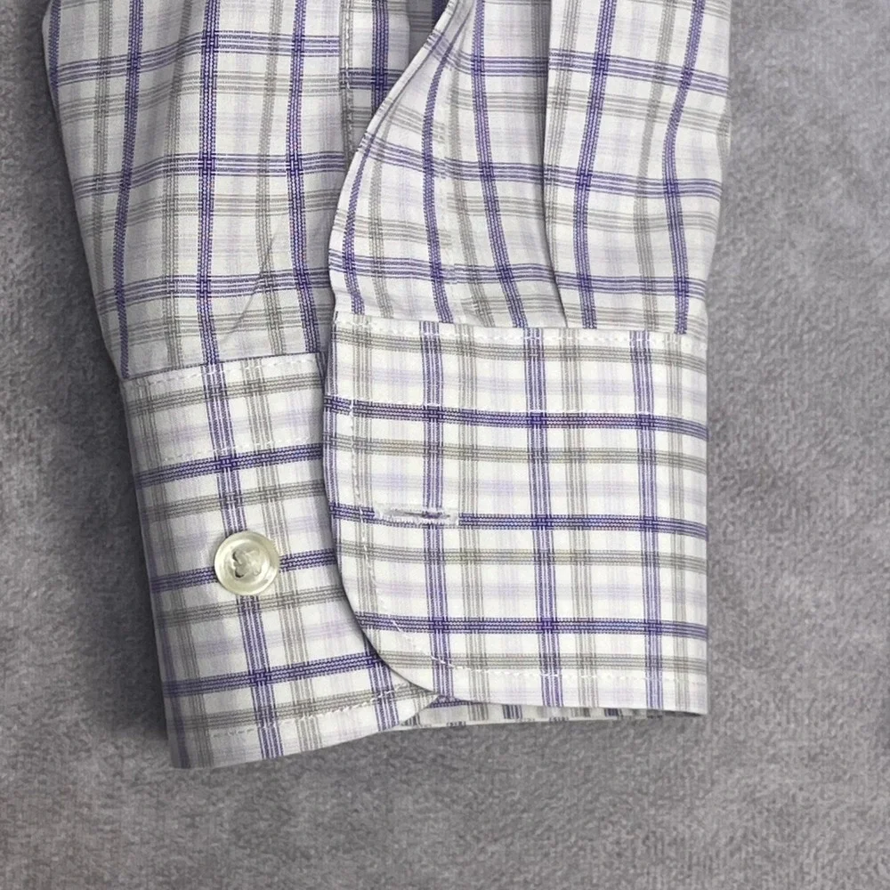 Nordstrom Mens Shop Smartcare Dress Shirt Purple Grey Plaid Trim Fit 16.5 32-33